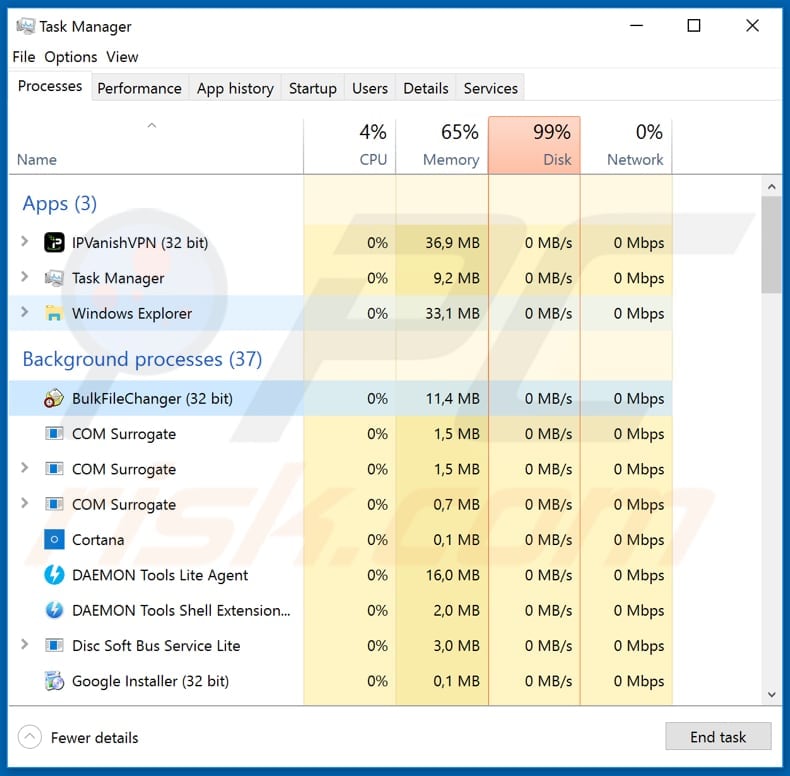 Processo do ransomware BulkFileChanger do Adobe no Gestor de Tarefas