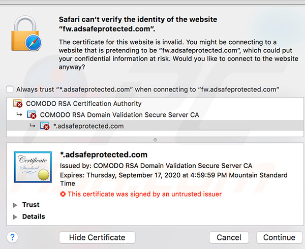 Detalhes do erro Safari can't verify the identity of the websitefw.adsafeprotected.com
