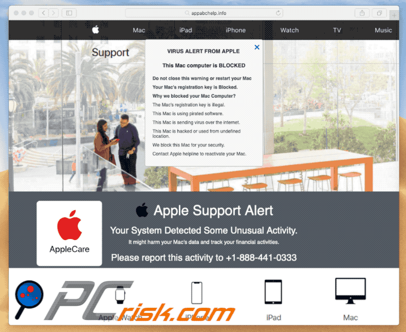 Aparência do pop-up da fraude Apple Support Alert (exemplo 2)