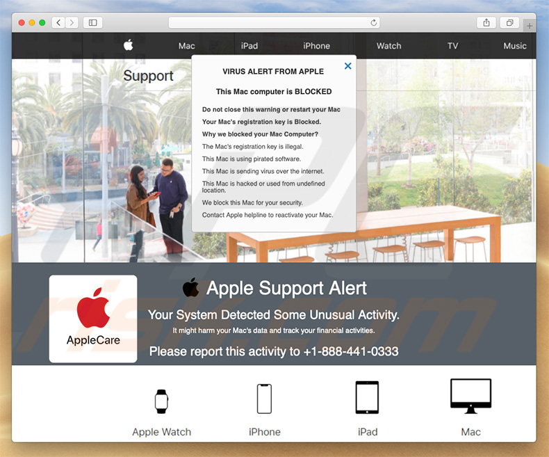 Pop-up da fraude Apple Support Alert (exemplo 2)