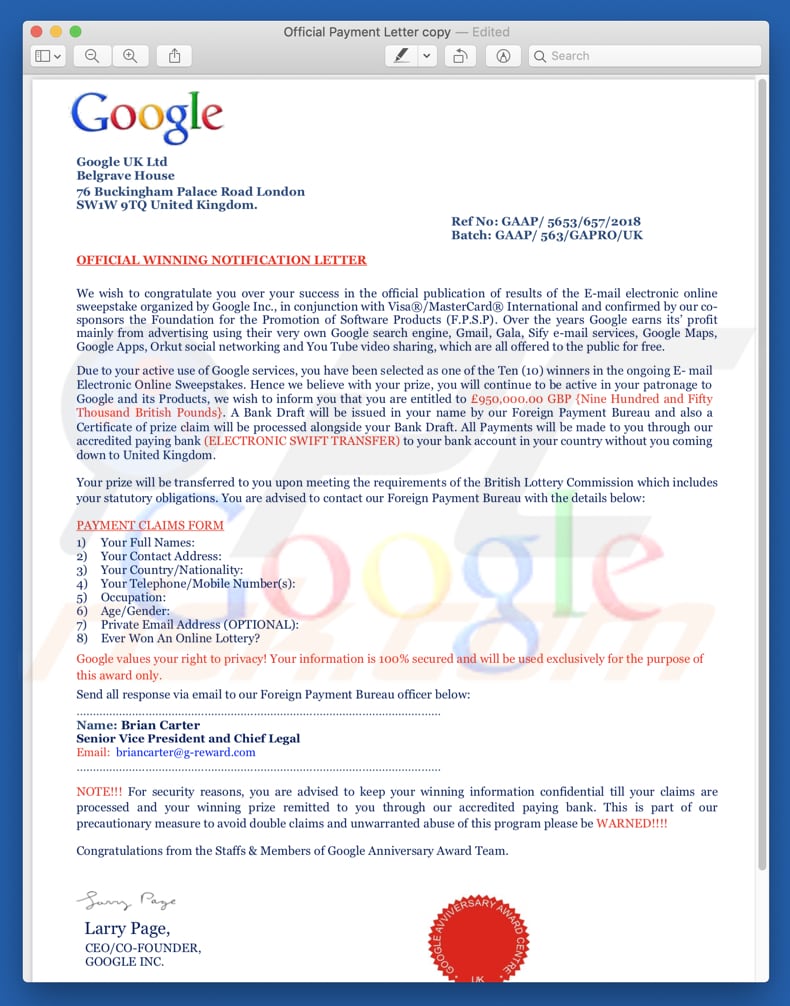 ficheiro pdf apresentado na fraude do Google winner