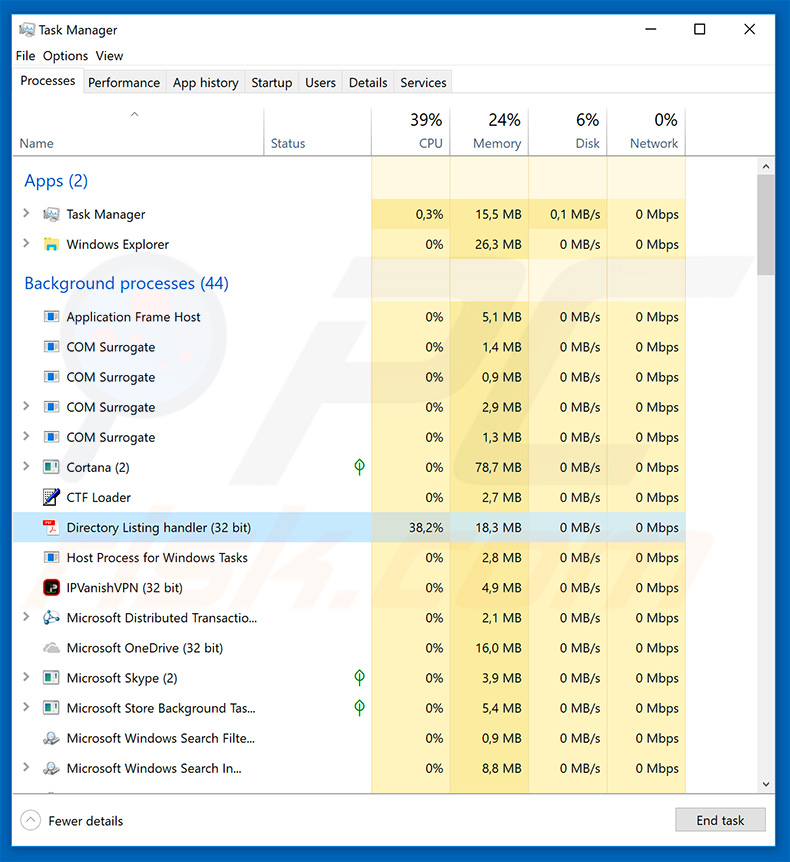 Keylogger Hawkeye no Gestor de Tarefas