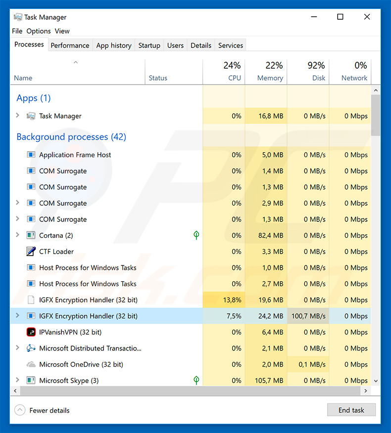 IEncrypt no Gestor de Tarefas do Windows