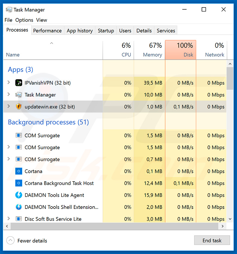 INFOWAIT no Gestor de Tarefas do Windows