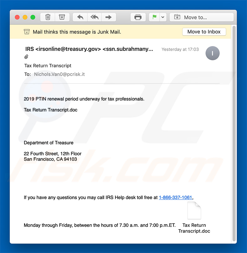 carta da campanha spam de IRS Email virus