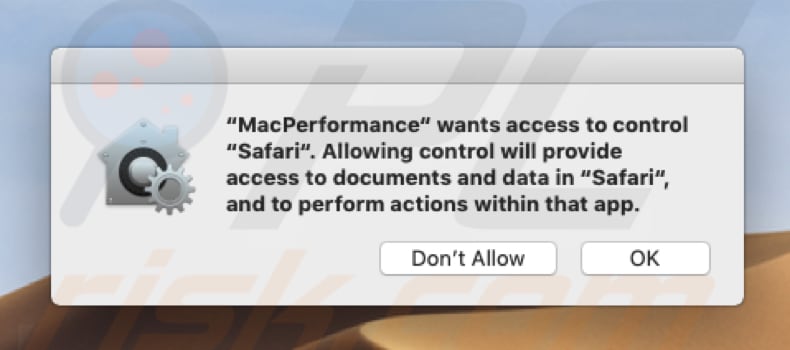 pop-up MacPerformance a pedir acesso para controlar o Safari