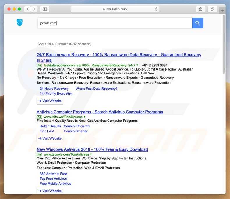 sequestrador de navegador nvsearch.Club num computador Mac