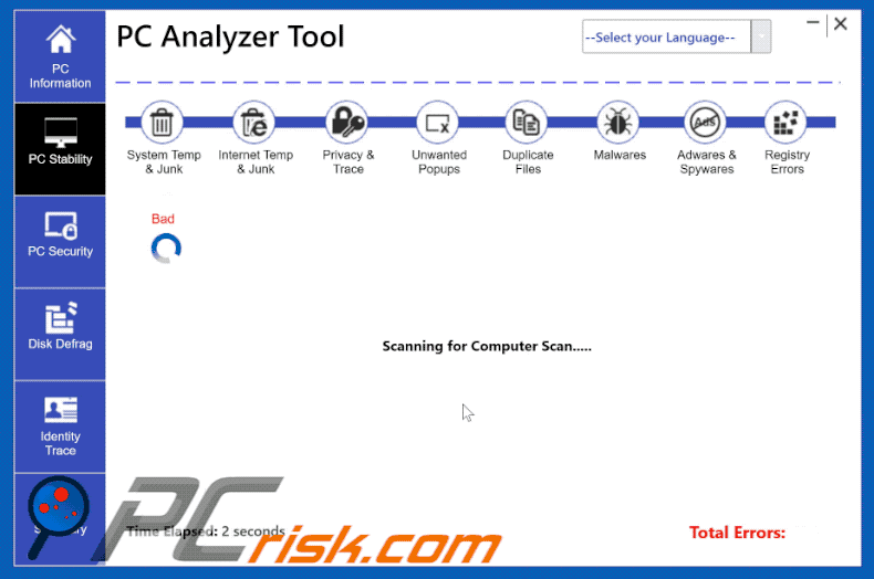 Imagem GIF de PC Analyzer Tool a executar uma verificação do sistema