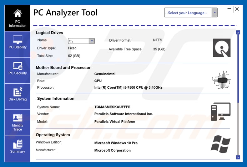 Aplicação indesejada de PC Analyzer Tool