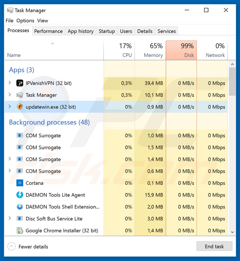 ransomware Puma processo gestor de tarefas updatewin.exe