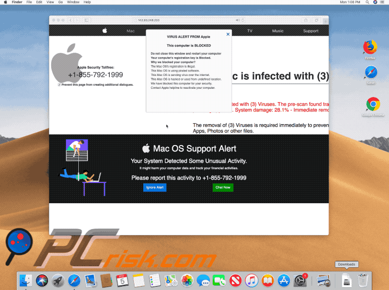 Aparência da fraude Mac OS Support Alert (GIF)
