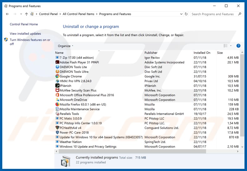 desinstalar o adware Your System Detected Some Unusual Activity via painel de controlo