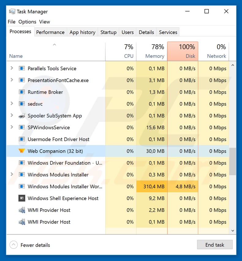 processo de web companion no Gestor de Tarefas