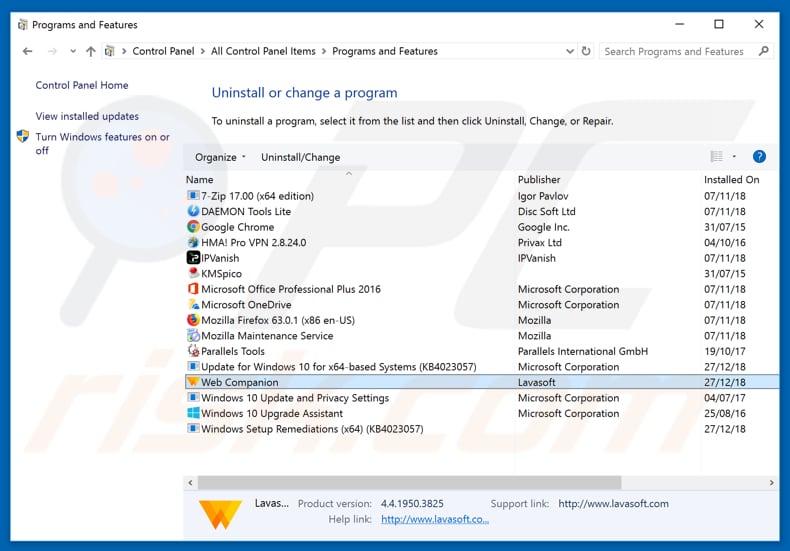 Desinstalação de adware Web Companion através do painel de controlo