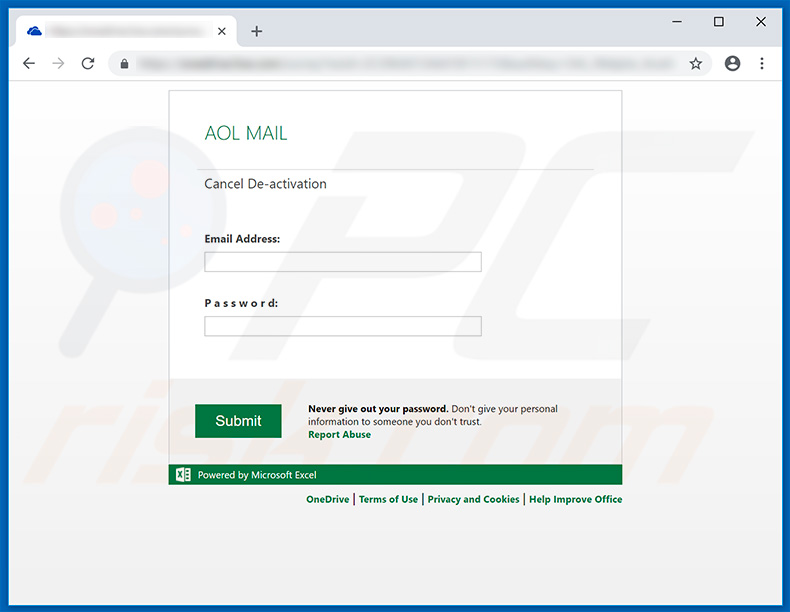 Falso site da AOL Mail utilizado para phishing