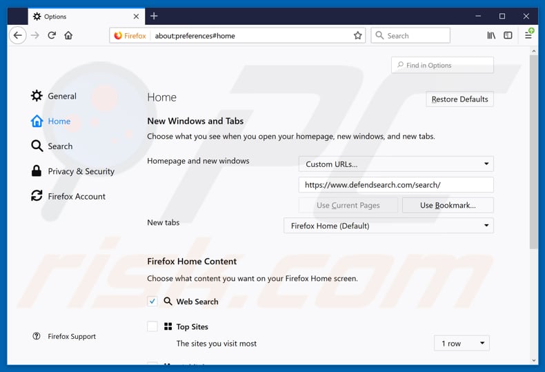 Removendo defendsearch.com da página inicial do Mozilla Firefox