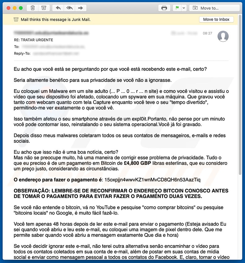 Campanha spam Eu Coloquei Um Malware Em Um Site Adulto