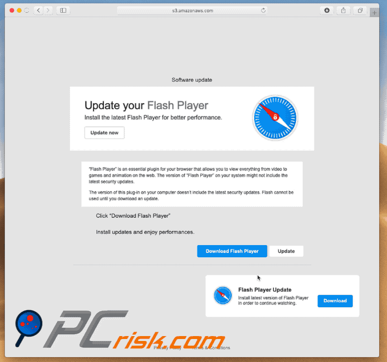 Aparência da fraude Fake Flash Player Update (GIF)