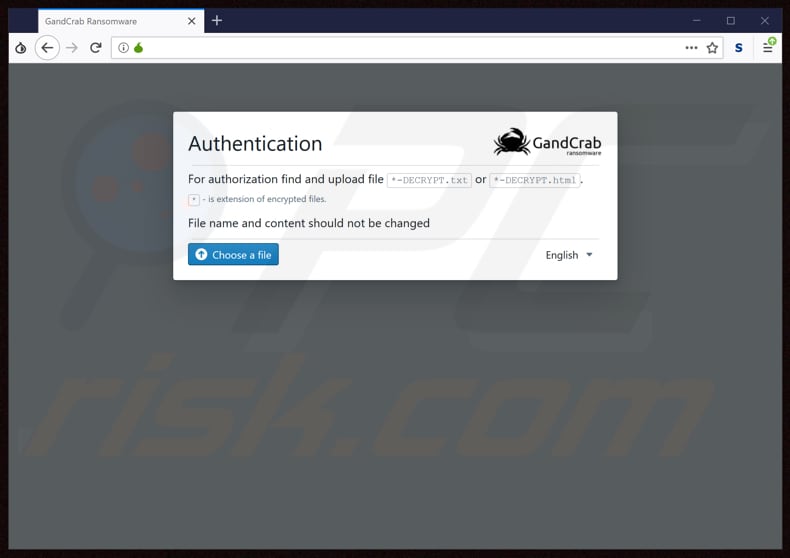 website de autenticação do ransomware grandcrab 5.1
