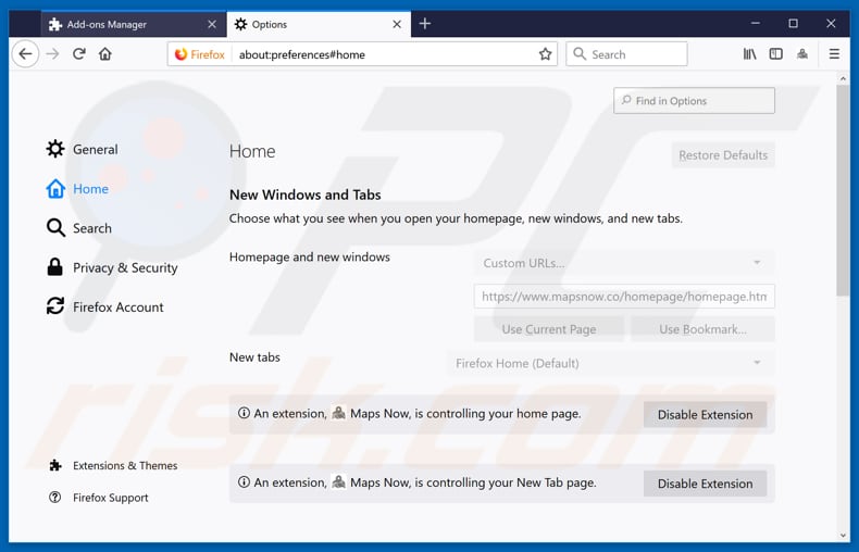 Removendo mapsnow.co da página inicial do Mozilla Firefox