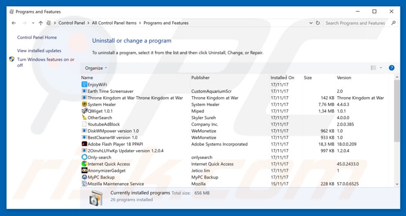 desinstalar o sequestrador de navegador mapsnow.co via Painel de Controlo