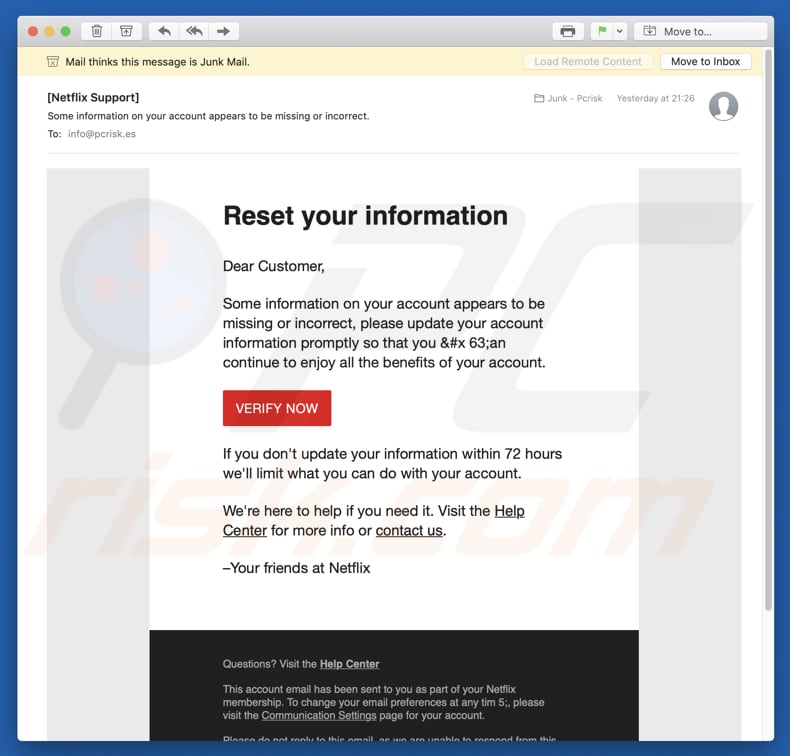Campanha de spam do Netflix Email Virus