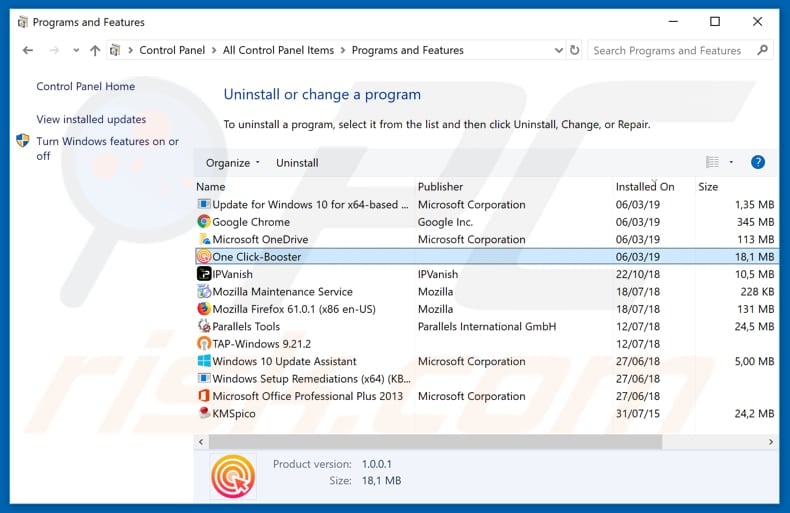 desinstalar o adware One Click Booster via Painel de Controlo