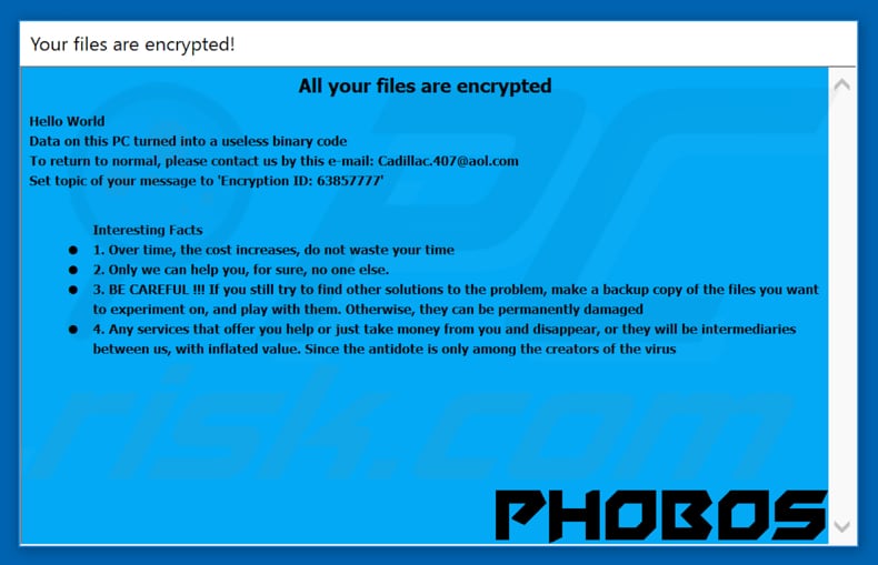 outra variante da janela pop-up do ransomware Phobos