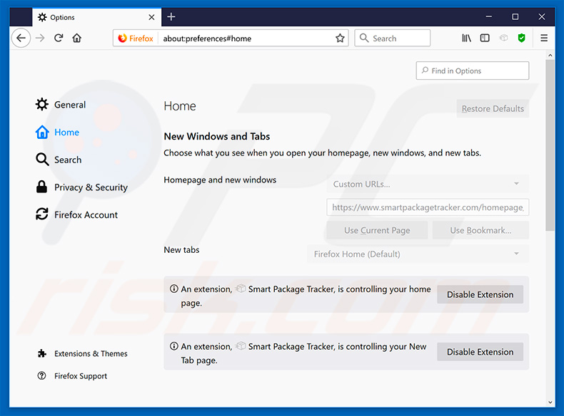 Removendo smartpackagetracker.com da página inicial do Mozilla Firefox