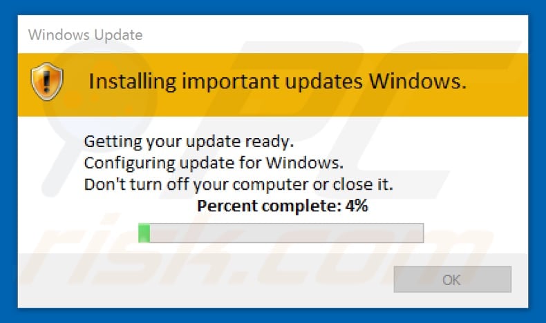 janela pop-up de atualização falsa do Windows que aparece durante a encriptação Tfude