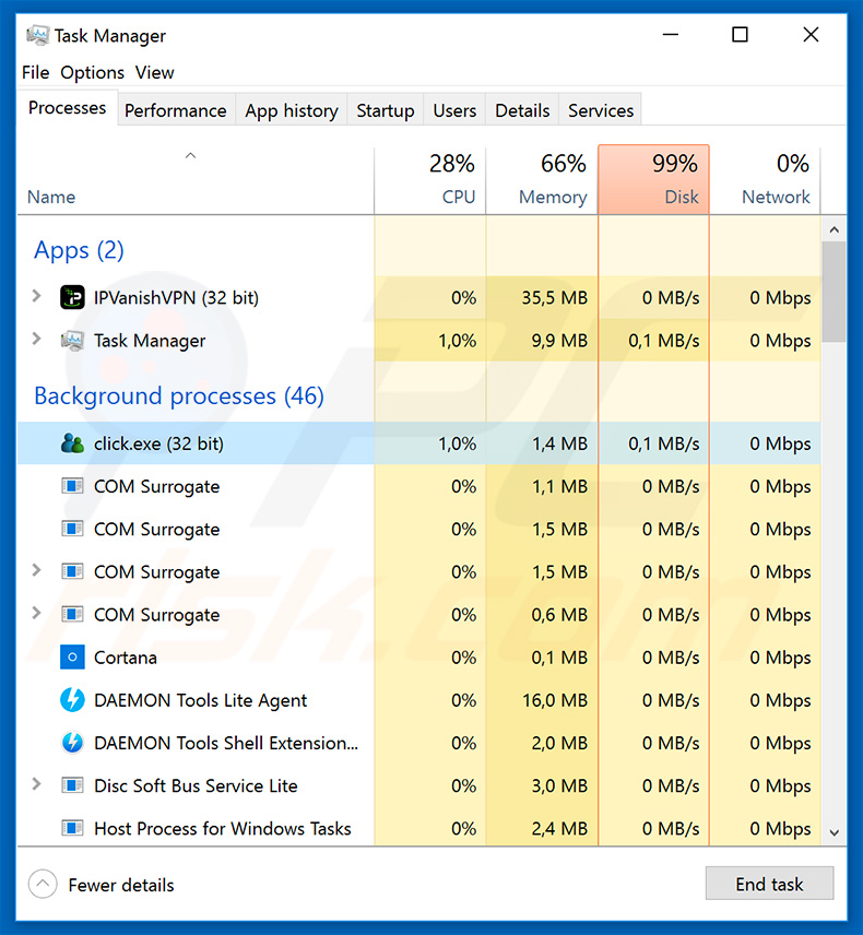 Processo de trojan Gozi no Gestor de Tarefas do Windows