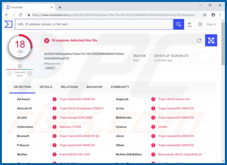 virus total identifica o bwplayer como uma ameaça