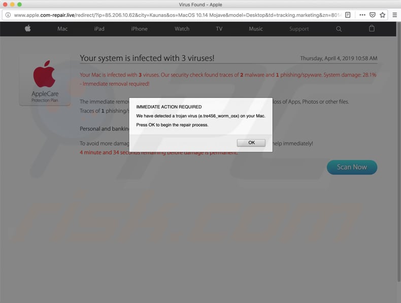 exemplo de um site fraudulento aberto pelo site clipconverter