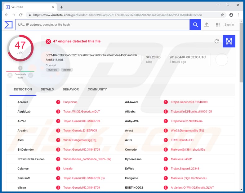 conhost identificado como uma ameaça pelos motores virustotal