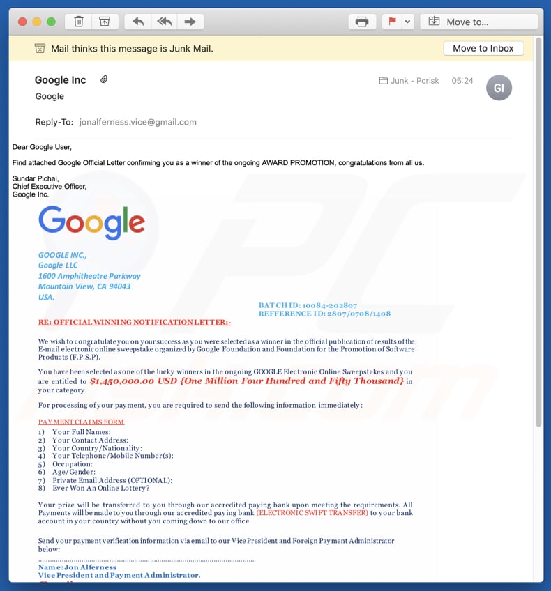 variante do email da fraude do google winner 2