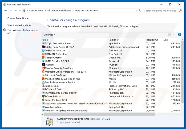 desinstalar o adware olpair[.]com via Painel de Controlo