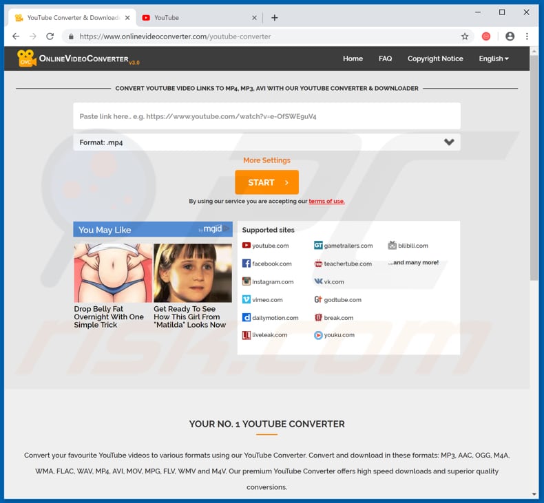 pop-up redireciona para onlinevideoconverter[.]com