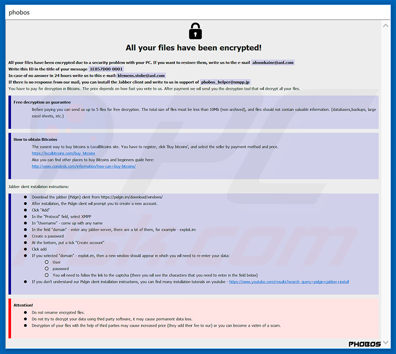 mensagem exigente resgate do ransomware Phoenix-Phobos (info.hta)