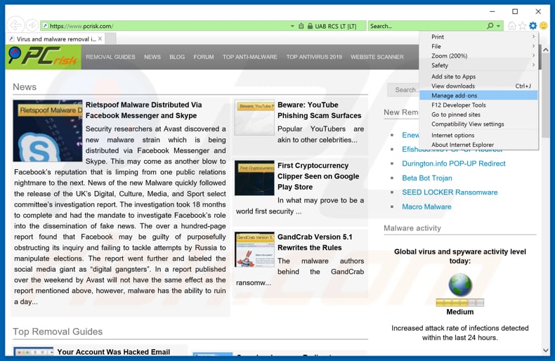 Removendo os anúncios savefrom[.]net do Internet Explorer passo 1