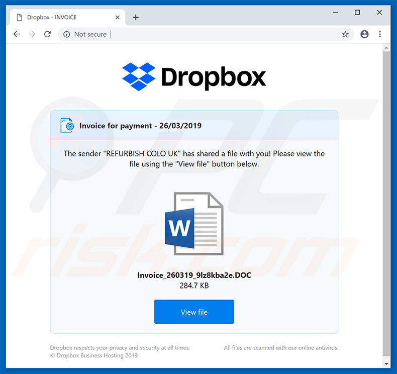 descarregar o anexo malicioso Dropbox Tinynuke 