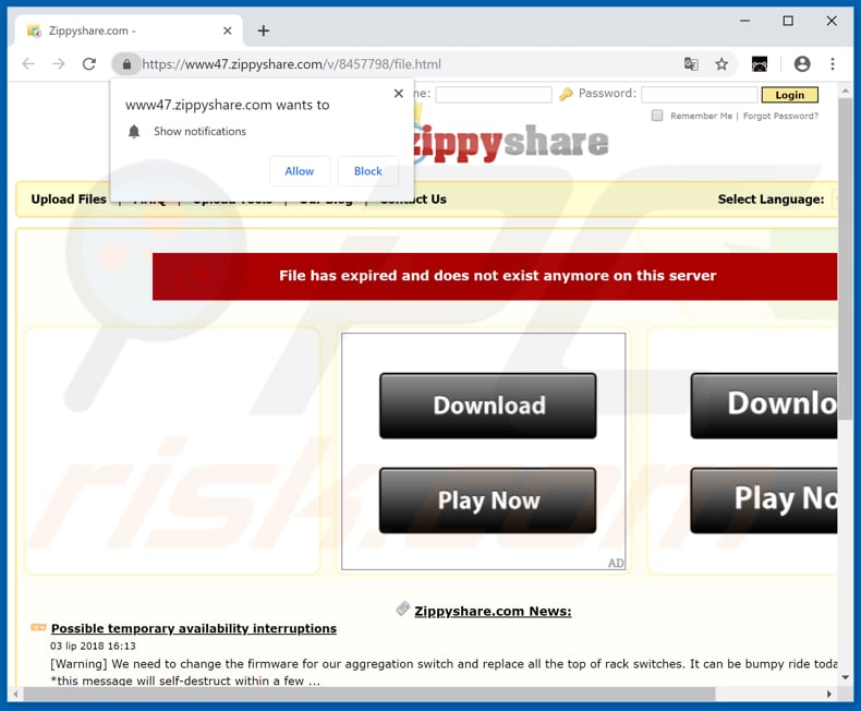 pop-up que redireciona para Zippyshare