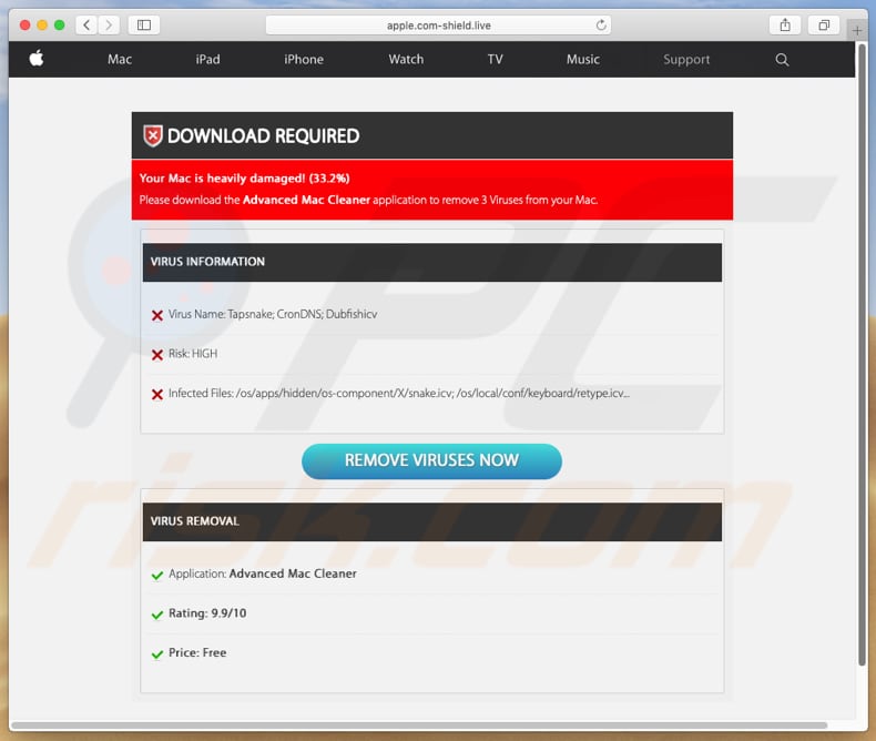 apple.com-shield[.]live segunda página a mostrar detecções falsas