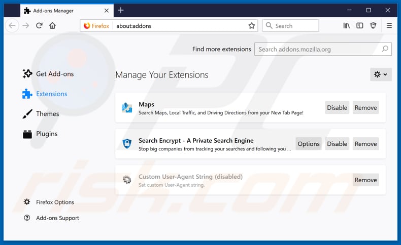 Removendo as extensões relacionadas a search.hearthandsatellitemaps.com do Mozilla Firefox