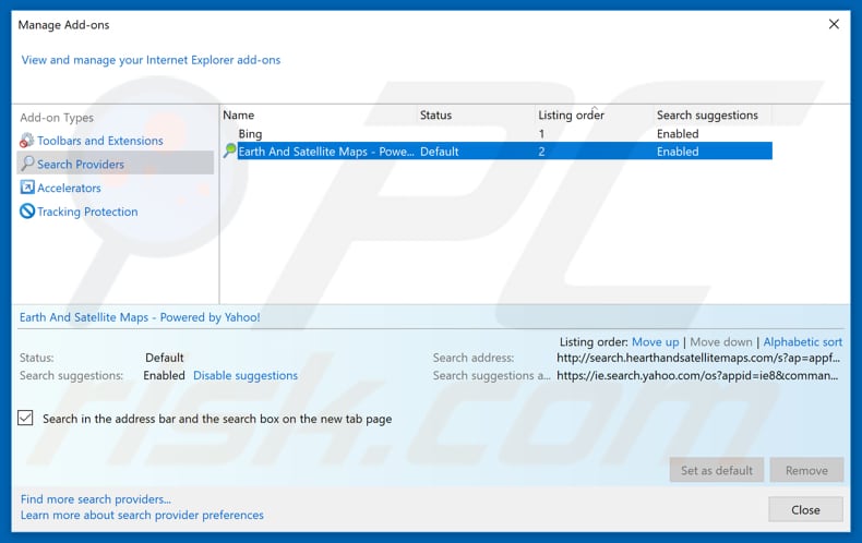 Removendo search.hearthandsatellitemaps.com do mecanismo de pesquisa padrão do Internet Explorer