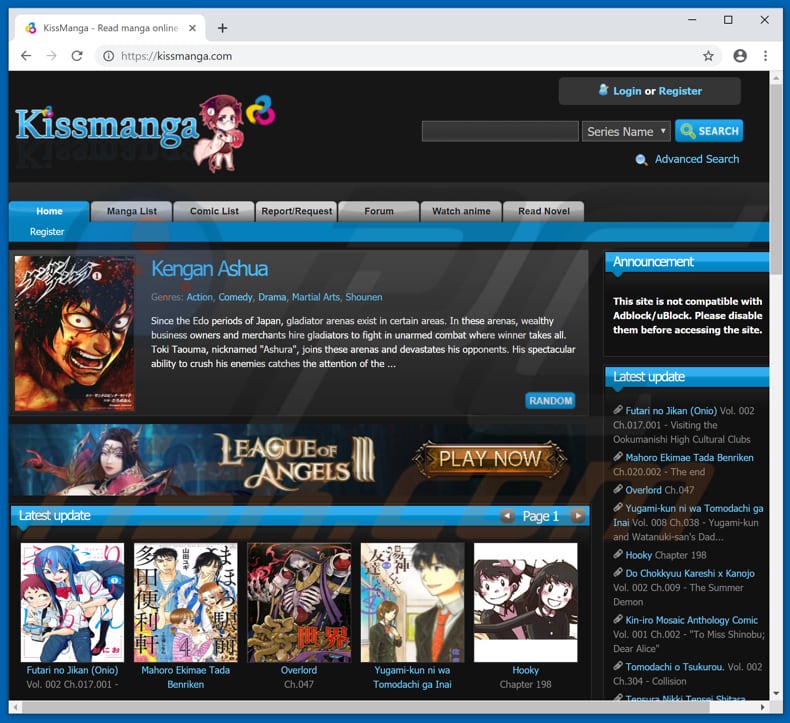 pop-up do redirecionamento Kissmanga