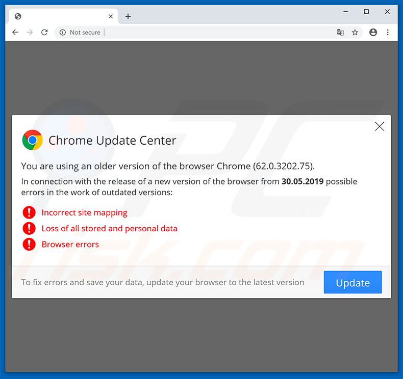Website a incentivar o visitante a atualizar o navegador da Web Google Chrome
