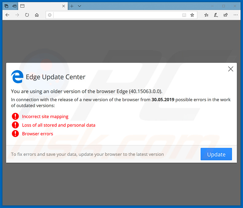 Website a incentivar o visitante a atualizar o navegador da Web Microsoft Edge
