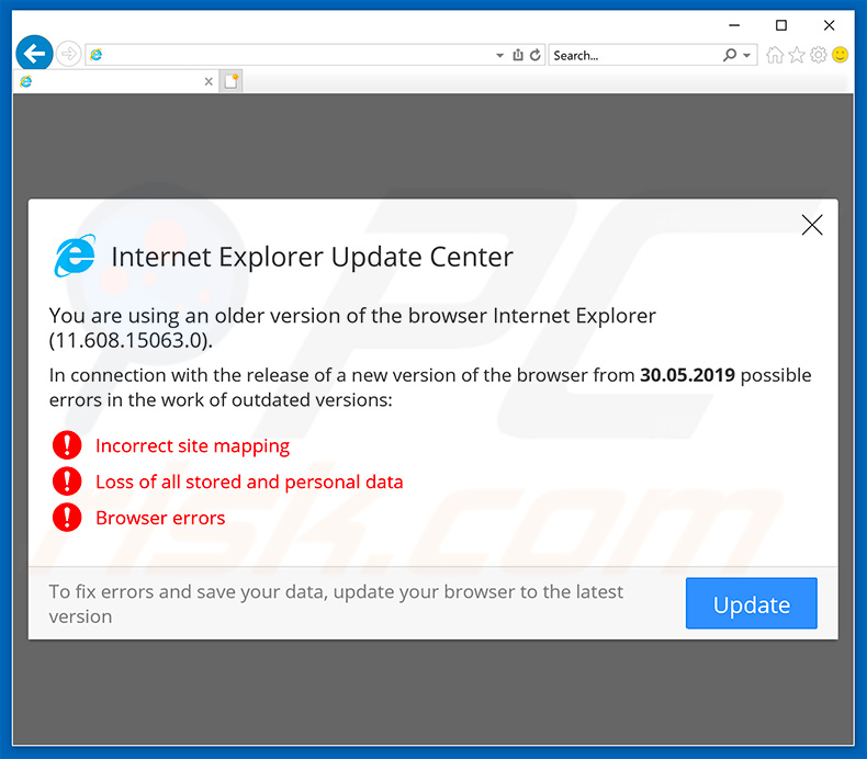 Website a incentivar o visitante a atualizar o navegador da Web Internet Explorer 