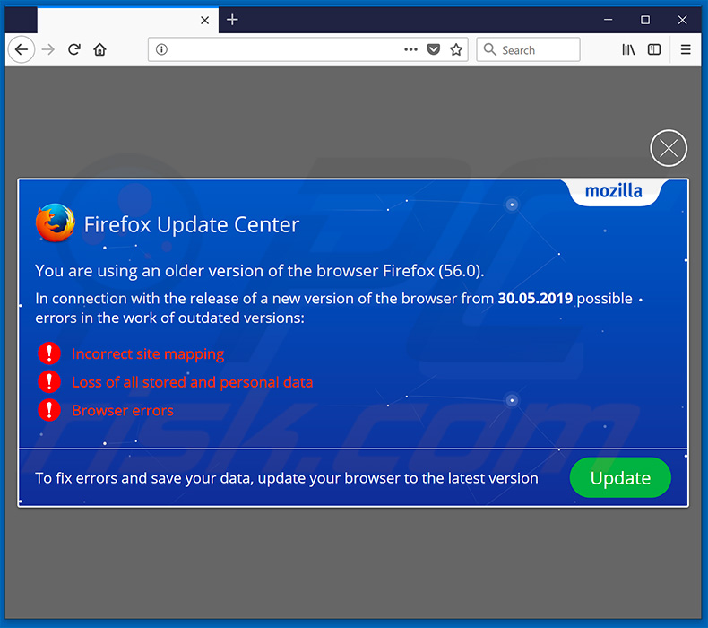 Website a incentivar o visitante a atualizar o navegador da Web Mozilla Firefox