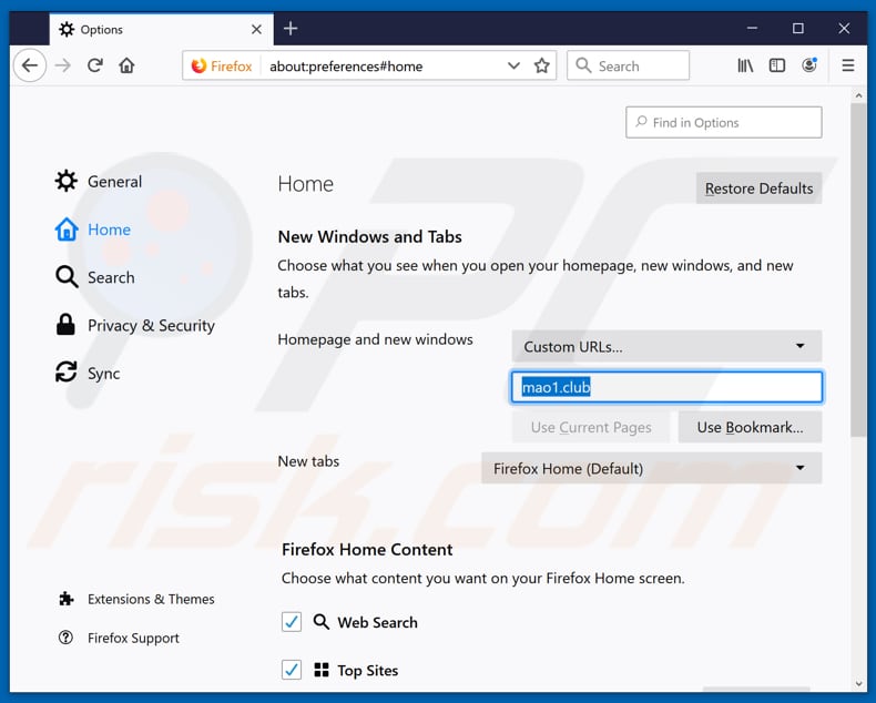 Removendo o mao1.club da página inicial do Mozilla Firefox